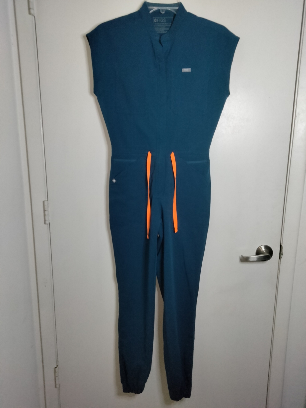 Figs -XS- Dark Teal Zamora 1PC Full Zip Jumpsuit with Bright Orange Drawstrings